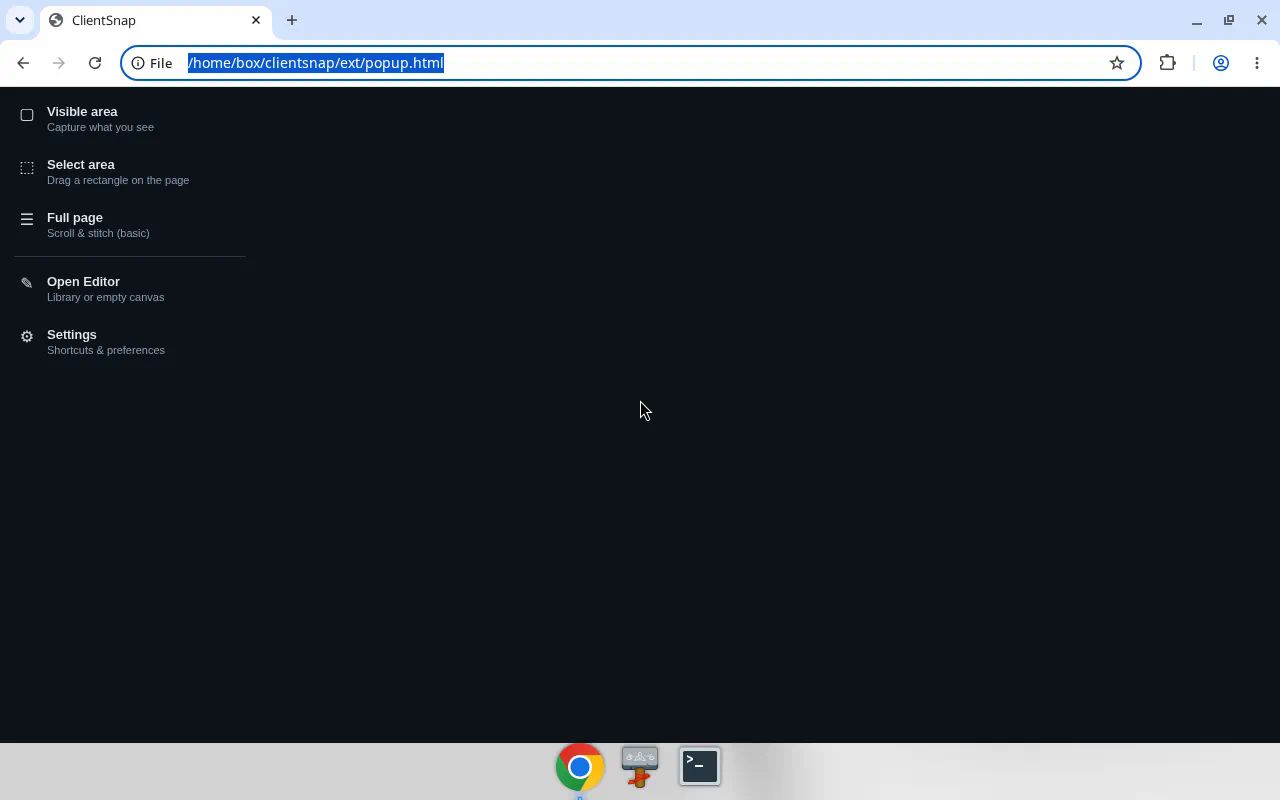 ClientSnap extension popup with capture options