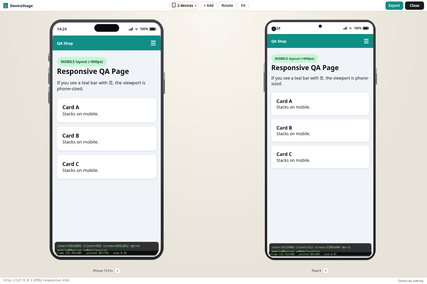 Two device panels side by side in DeviceStage