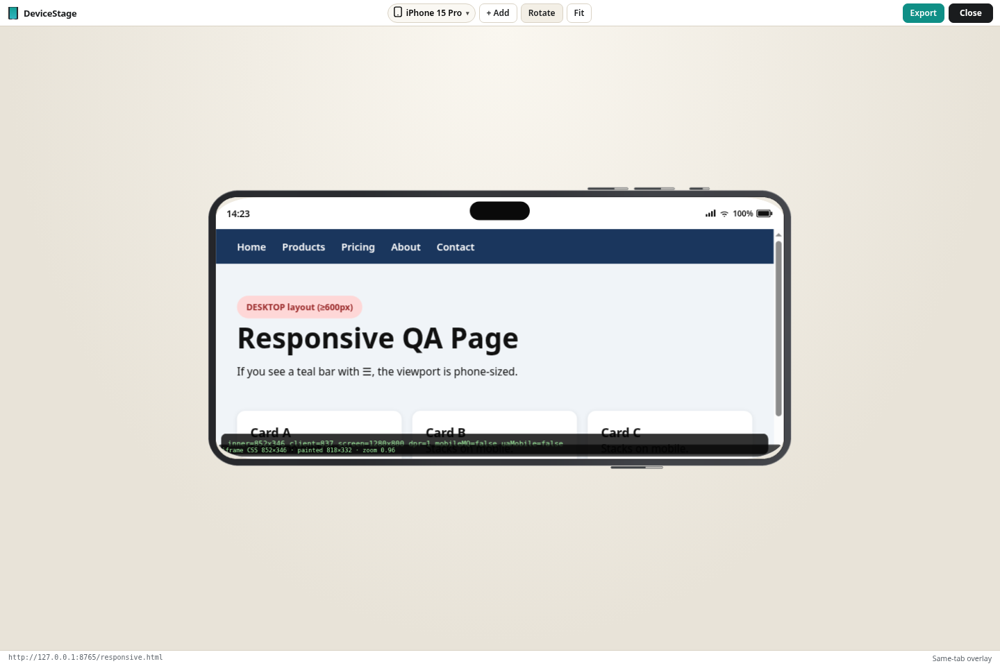 DeviceStage rotate control with device in landscape or portrait