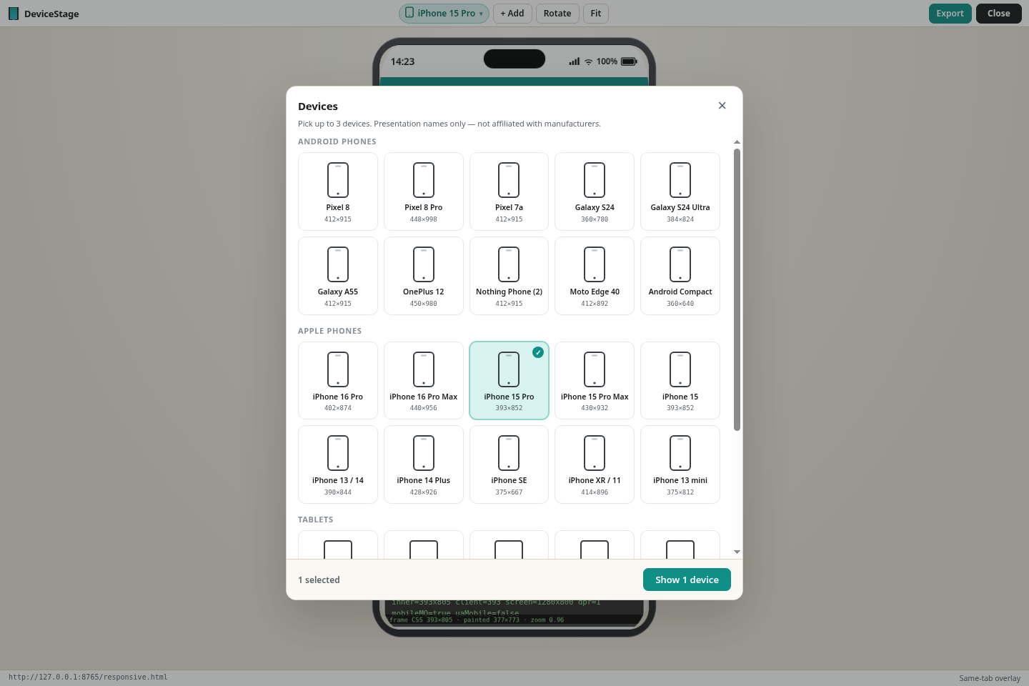 Device picker showing available phone and tablet frames
