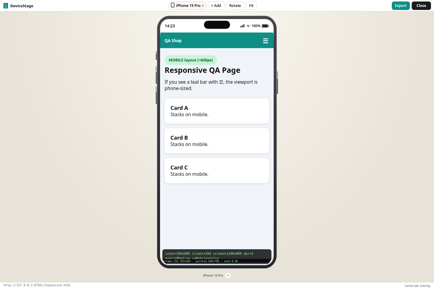 DeviceStage status and metrics overlay on a phone frame